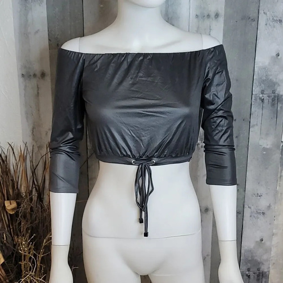 Koral Drawstring  Shimmer Off Shouder Crop Top - Picture 2 of 10